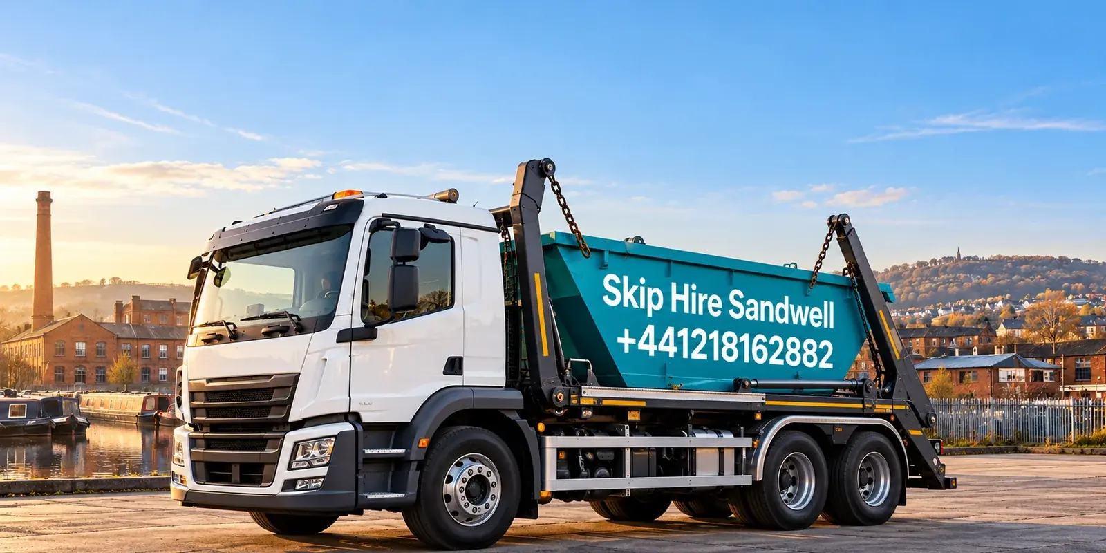 Illustration of a skip lorry branded Skip Hire Sandwell