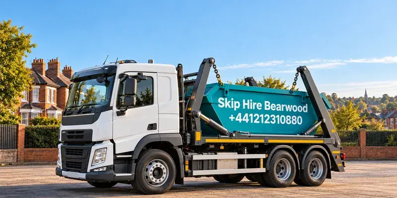 Illustration of a skip lorry branded Skip Hire Bearwood