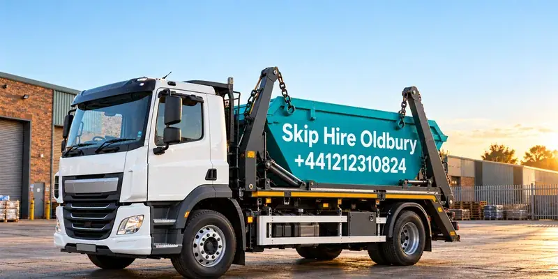Illustration of a skip lorry branded Skip Hire Oldbury
