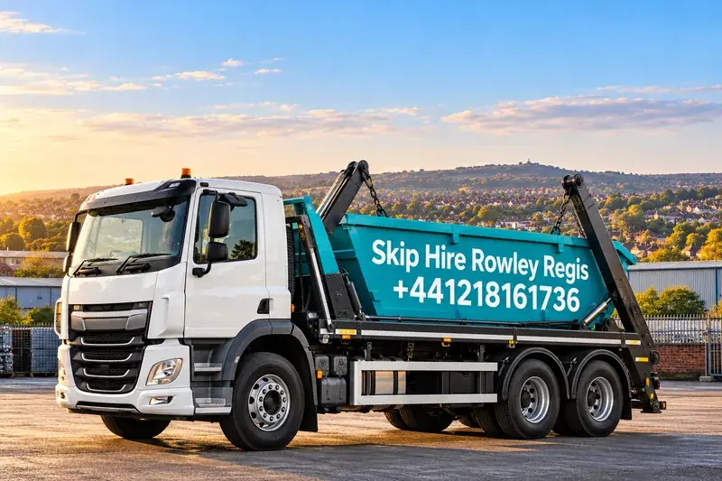 Illustration of a skip lorry branded Skip Hire Rowley Regis