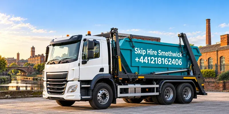 Illustration of a skip lorry branded Skip Hire Smethwick
