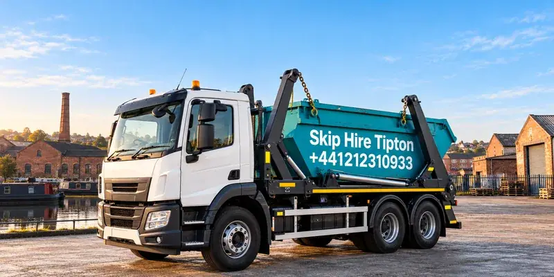 Illustration of a skip lorry branded Skip Hire Tipton