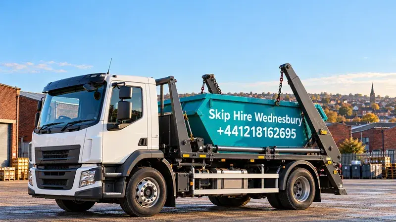 Illustration of a skip lorry branded Skip Hire Wednesbury