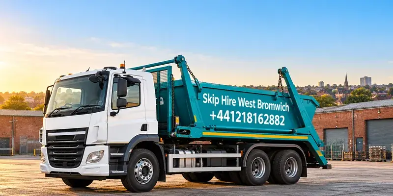 Illustration of a skip lorry branded Skip Hire West Bromwich
